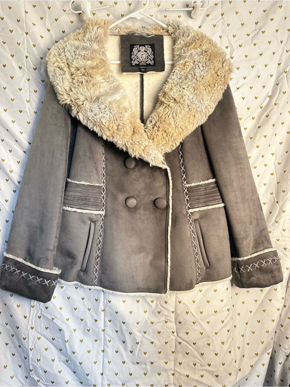 Vintage Boho Esprit Gray Shearling Suede Jacket w Cream Faux FUR Collar NWOT XL